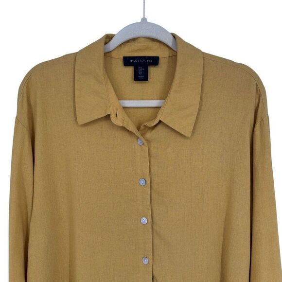 Tahari Linen Blend Long Sleeve Button Front Pullover Tunic Top Yellow Size Large - Picture 3 of 7